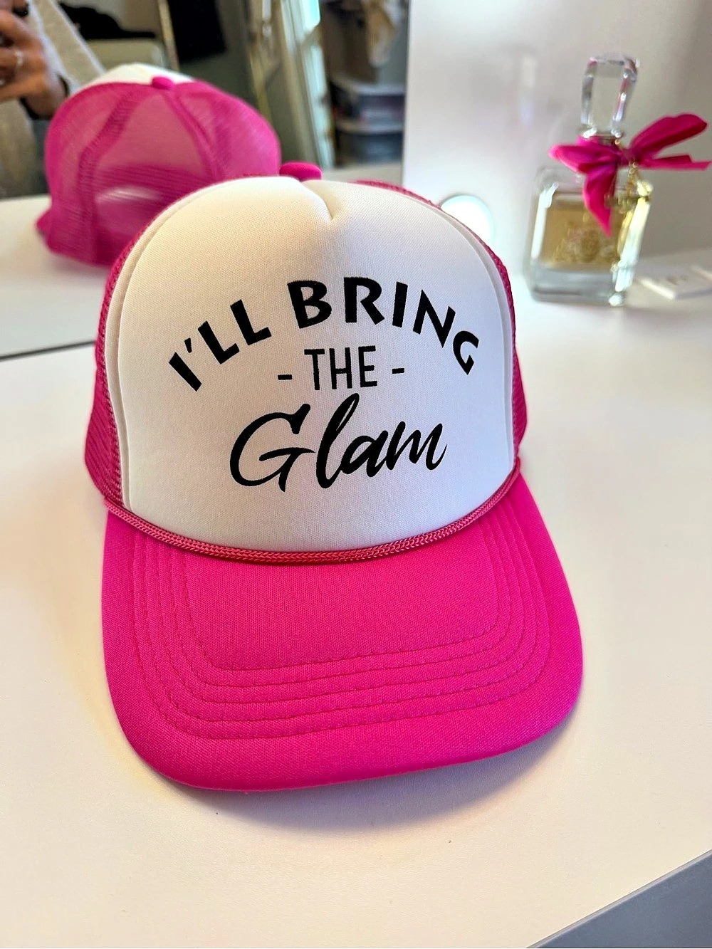 I'll Bring the Glam Trucker Hat Pink & White Like New